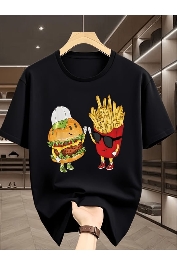 Cartoon Hamburger Anthropomorphic French Fries Plus Size Unisex T-Shirt, S - 5XL