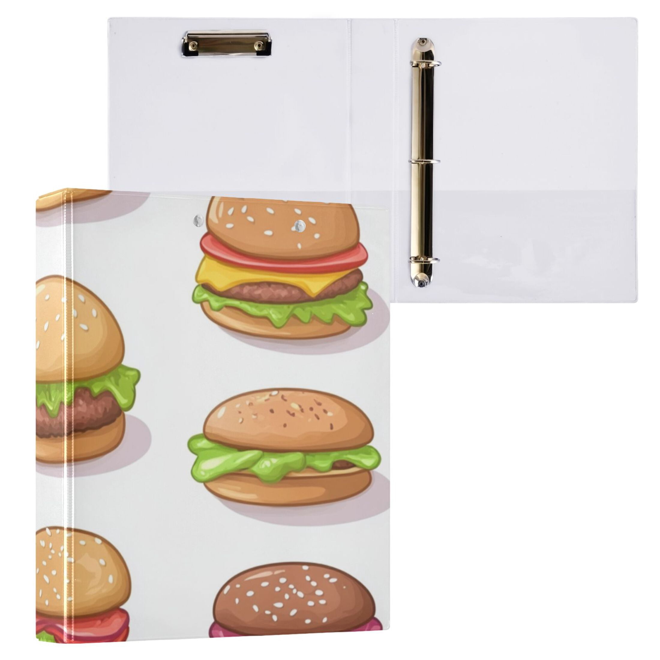 Cartoon Hamburgers 3 Ring Binders 1.5 inch Hardcover File Folders with Interior Pockets A4 Size Organizer for School Office Hospital