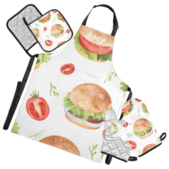 Cartoon Hamburgers Vegetables Tomatoes Apron Set with Oven Mitts Pot Holders Set of 5 Kitchen Stuff Accessories
