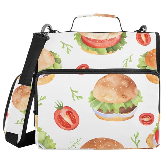 Cartoon Hamburgers Vegetables Tomatoes Binder Bag with Shoulder Strap 3 Ring Zipper Binder File Folder Document Storage
