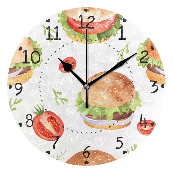 Cartoon Hamburgers Vegetables Tomatoes Round Wall Clock Silent Analog Battery Operated Black Pointer Home Decor 9.84" Diameter