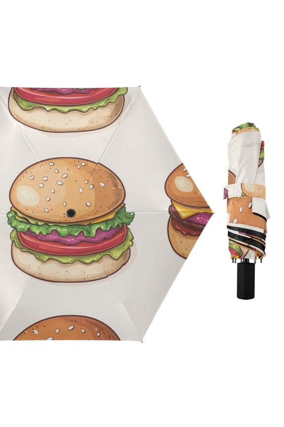 Cartoon Hand Drawn Cute Hamburgers All Weather Umbrella Triple Folding Parasol 6 Ribs UV Protection Portable