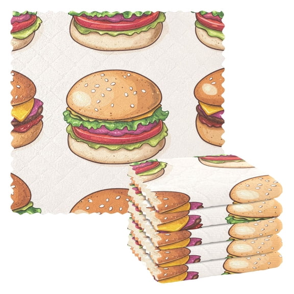 Cartoon Hand Drawn Cute Hamburgers Dish Cloths Dish Towels Cleaning Cloths Quick Drying Reusable 11" x 11" Set of 6