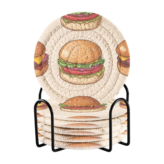 Cartoon Hand Drawn Cute Hamburgers Drinking Coasters Cup Mat with Holder for Kitchen Cafe Bar 6 Packs