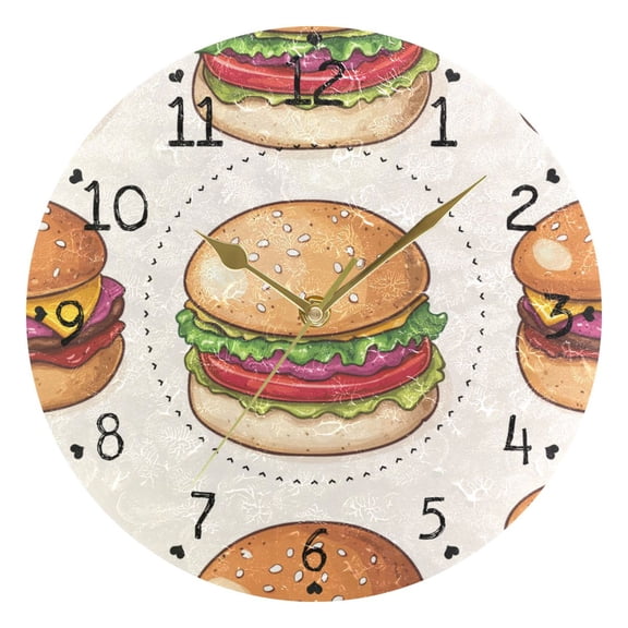 Cartoon Hand Drawn Cute Hamburgers Round Wall Clock Silent Analog Battery Operated Gold Pointer Home Decor 9.84" Diameter