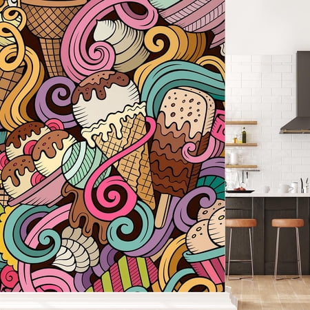 Cartoon Hand-Drawn Ice Cream Doodles Seamless Pattern Removable Wall Mural Self-Adhesive Large Wallpaper - 96x96 inches