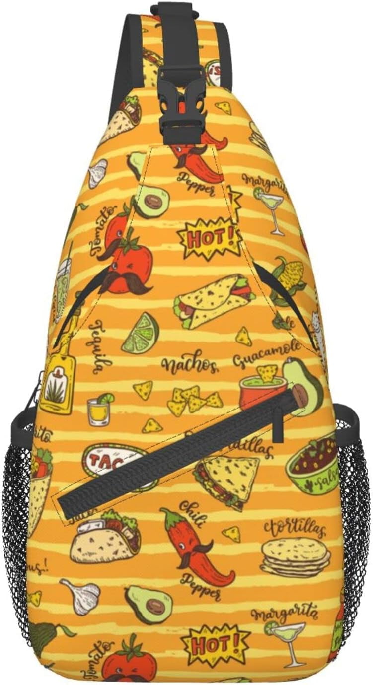 Cartoon Hand Drawn Mexican Food Pattern Sling Bag Crossbody Hiking Travel Chest Bags Backpack Shoulder Daypack for Women Men