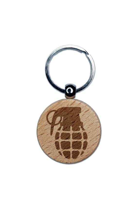 Cartoon Hand Grenade Round Keychain Charm Tag - Engraved Wood