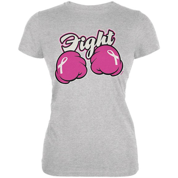Cartoon Hands Fight Pink Fist Cancer Ribbon Juniors Soft T Shirt Heather LG