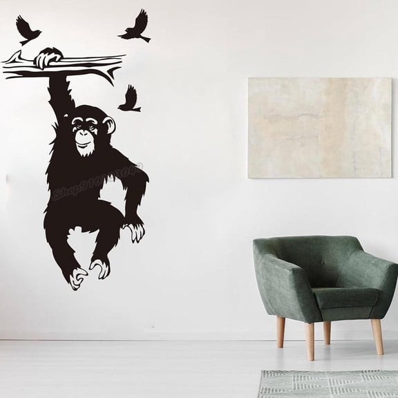 Cartoon Hanging Monkey Branch Birds Wall Decal Monkey Vinyl Wall Sticker 57x31cm