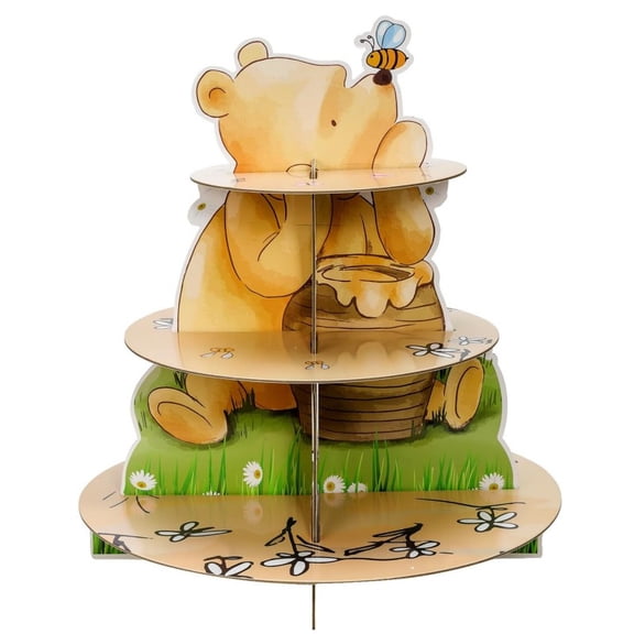 Cartoon Happy Birthday Cupcake Stand - Cartoon Yellow Bear Birthday Party Supplies, Table Decoration, Three-Tier Cupcake Tower, Tiered Dessert Stand, Party Supplies