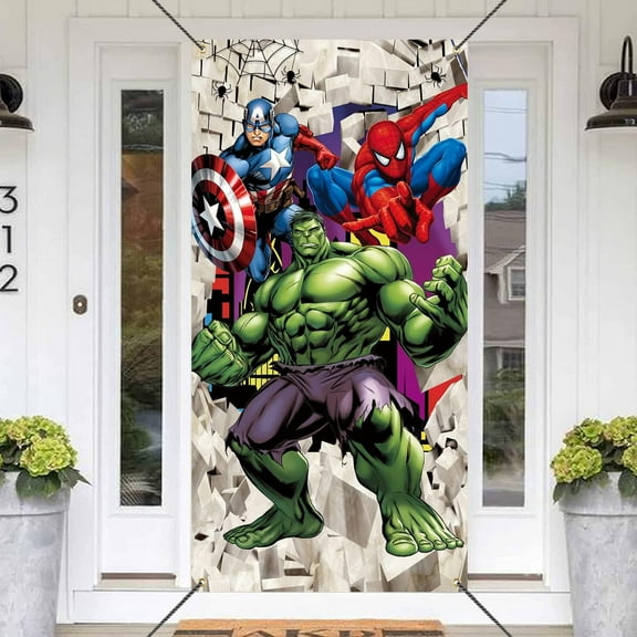 Cartoon Happy Birthday Door Banner 70.9 x 35.4Inches Indoor/Outdoor, Avenger Theme Birthday Party Supplies