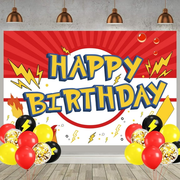 Cartoon Happy Birthday Photography Backdrop with 18 pcs Ballons, 5x3ft Red and White Background Photo Booth Banner Props for Birthday Party Decorations Supplies