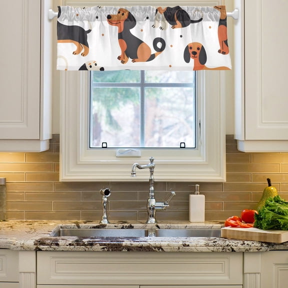 Cartoon Happy Dachshund Dogs Curtain Valances Farmhouse Design Window Treatment Decor Blackout Rod Pocket for Windows Living Room Kitchen 54" x 18"