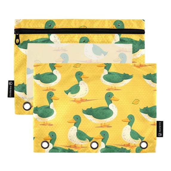 Cartoon Happy Duck 2 Pack Pencil Pouch for 3 Ring Binder Smooth Zipper Folders with Pockets Clear Window Pencil Case