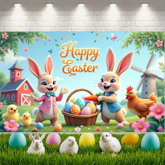 Cartoon Happy Easter Banner Bunny Easter Backdrop Colorful Eggs Flowers Spring Background for Easter Party Spring Celebration Kids Event