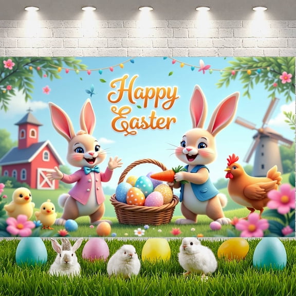 Cartoon Happy Easter Banner Bunny Easter Backdrop Colorful Eggs Flowers Spring Background for Easter Party Spring Celebration Kids Event