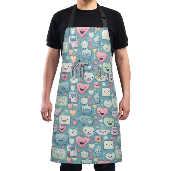 Cartoon Happy Heart and Square Kitchen Apron with 2 Pockets Adjustable waterproof Cooking Aprons for Women Men Chef