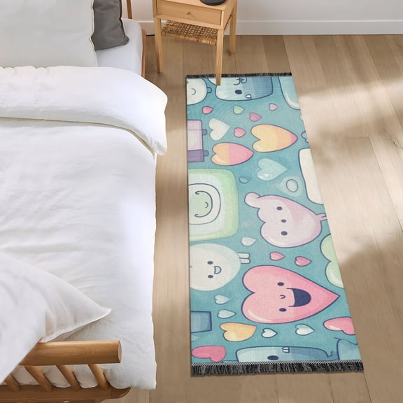 Cartoon Happy Heart and Square Runner Area Rug 2x6 Soft Non-Slip Washable Bedside Carpet for Hallway Bedroom Living Room Home Decor