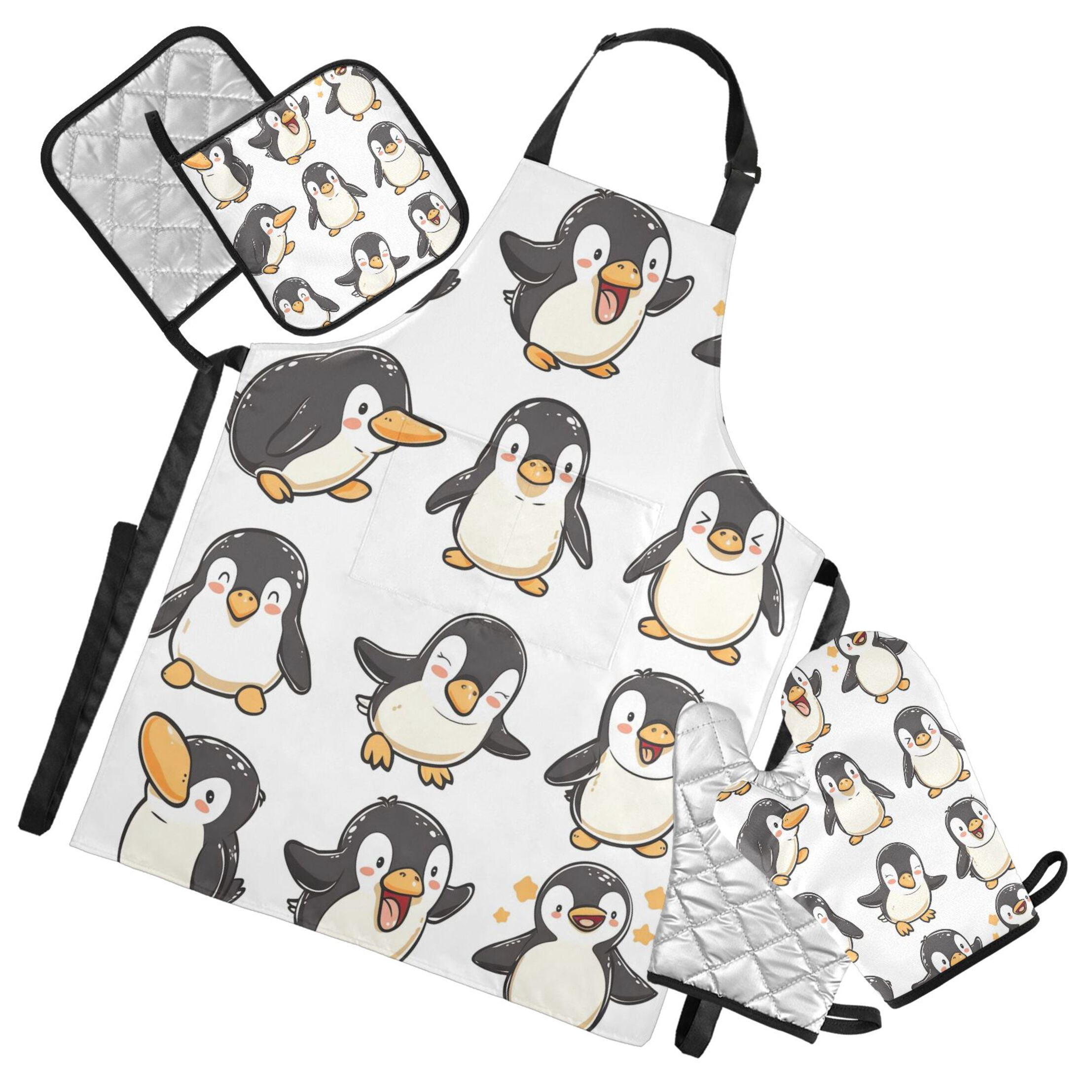 Cartoon Happy Penguins 5 Pcs Kitchen Set Heat Resistant Oven Mitts and Non-Slip Pot Holders with Adjustable Cooking Apron