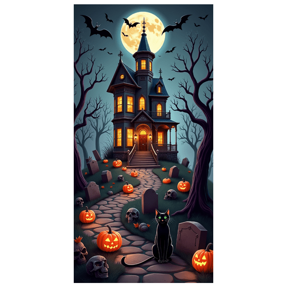 Cartoon Haunted House Halloween Banner Spooky Pumpkin Design Black Cat Scary Night for Halloween Party Decorations Holiday Festive Event