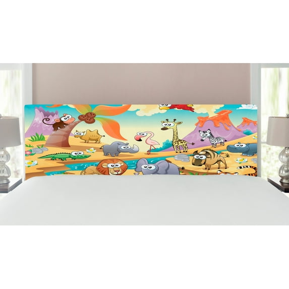 Cartoon Headboard, Savannah Animal Family Volcanos Mammals Nature Beasts Hippo Camel Sketch Design, Upholstered Decorative Metal Bed Headboard with Memory Foam, King Size, Multicolor, by Ambesonne