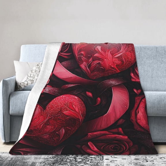 Cartoon Heart Cute Valentine's Decor Blanket Deep Red Glitter Hearts Roses Soft For Bed Couch Throw Blanket50x40