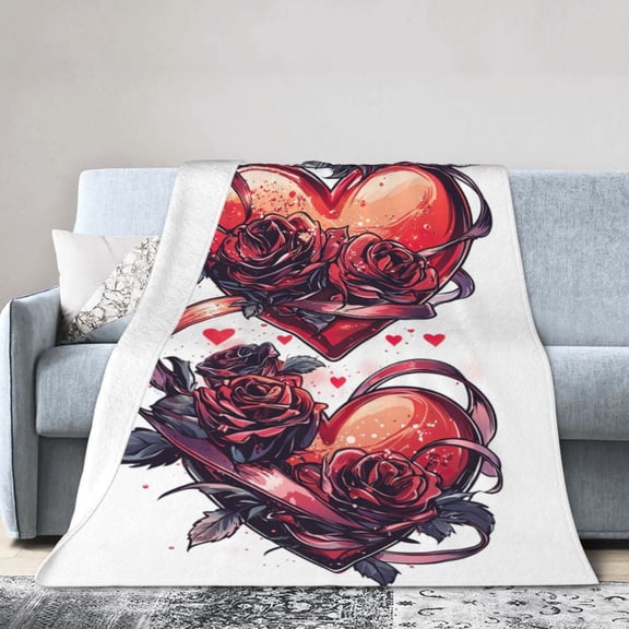 Cartoon Heart Cute Valentine's Decor Blanket Elegant Rose Ribbon Red Heart Soft For Bed Couch Throw Blanket50x40