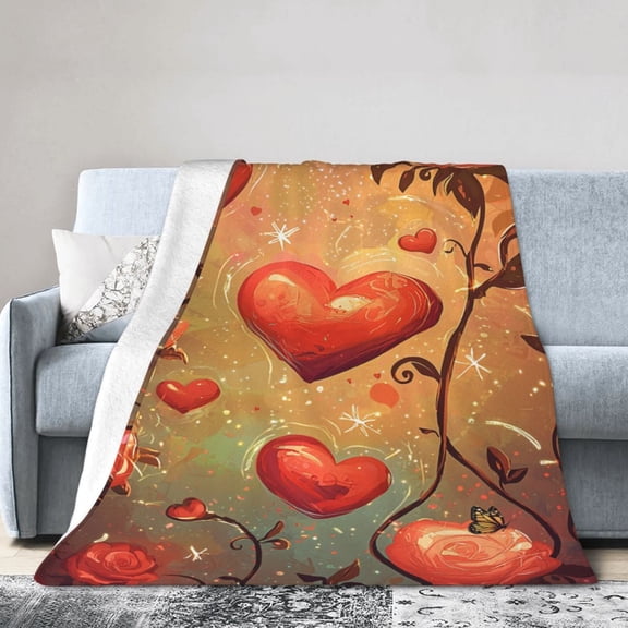 Cartoon Heart Cute Valentine's Decor Blanket Glowing Red Hearts Roses Stars Soft For Bed Couch Throw Blanket50x40