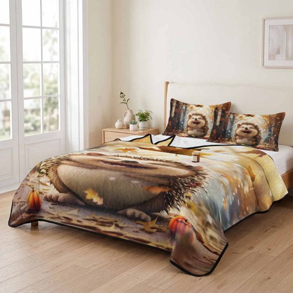 Cartoon Hedgehog Autumn Maple Leaves Pumpkin 3 Pieces Quilt Set,1 Quilt with 2 Shams,Forest Bedspread Soft Lightweight Bedding Coverlet Comforter Set for All Season 90"x96"