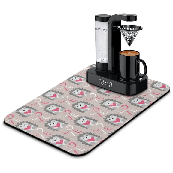 Cartoon Hedgehog Coffee Maker Mat - Leaves and Hedgehog Print, Absorbent Drying Mat for Coffee Station, Non-Slip Countertop Protector, Multi-Use Pad