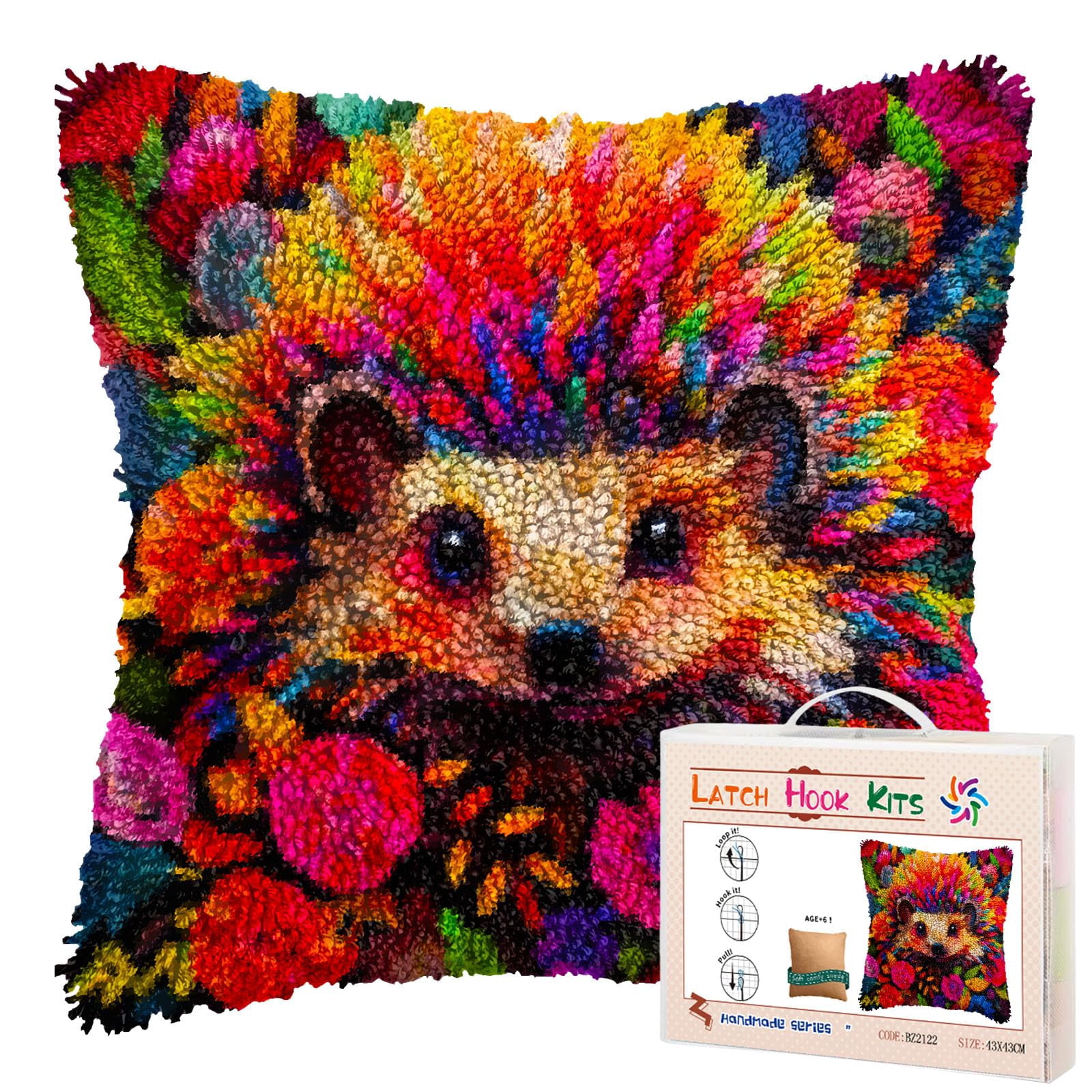 Cartoon Hedgehog DIY Latch Hook Pillow Kits for Adults Printed Pillowcase Crochet Yarns Hooking Handmade Pillow Cover Cushion for Home Sofa Decoration 17x17inch