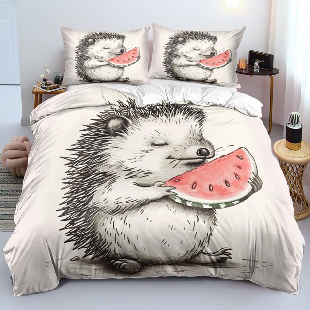 Cartoon Hedgehog Duvet Cover 104X90 inch Size Cute Watermelon Print