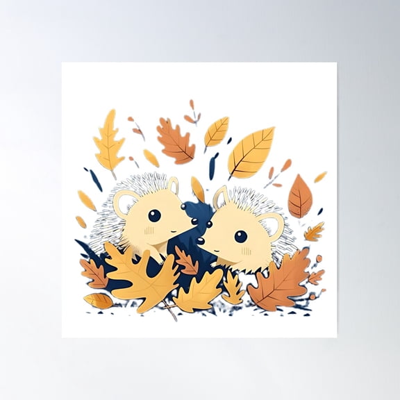 Cartoon Hedgehogs In Vibrant Autumn Leaves Poster Wall Art, Modern Wall Decor For Living Room Bedroom, 16X16 UNFRAMED