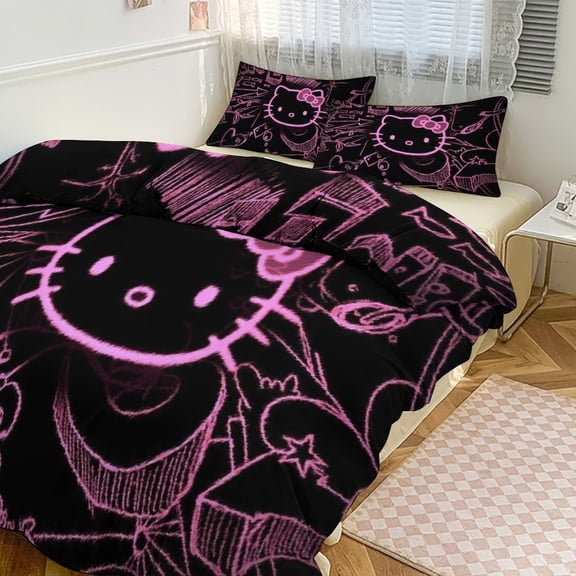 Cartoon Hello Animal Kitty 3-Piece Bed Sheets Warm Kawaii Bedding Set Cute Soft Bedclothes for Boys Girls