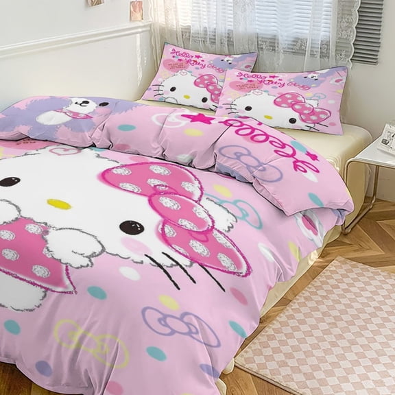 Cartoon Hello Animal Kitty 3-Piece Bed Sheets Warm Kawaii Bedding Set Cute Soft Bedclothes for Boys Girls
