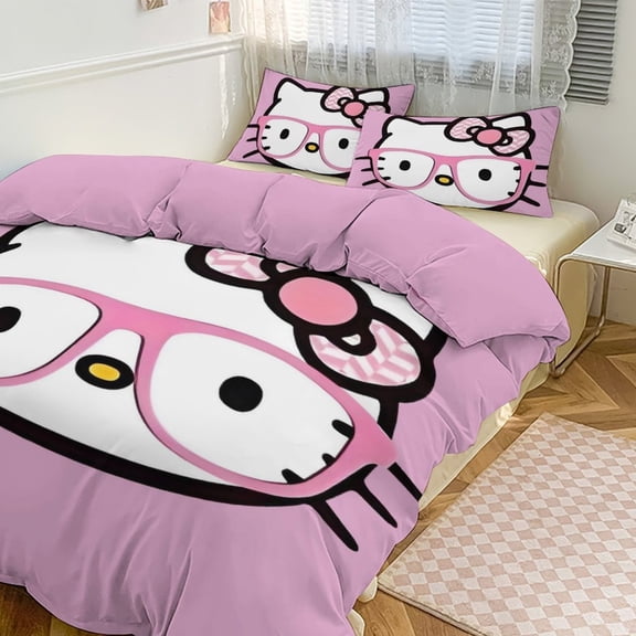 Cartoon Hello Animal Kitty 3-Piece Bed Sheets Warm Kawaii Bedding Set Cute Soft Bedclothes for Boys Girls