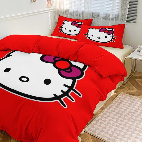 Cartoon Hello Animal Kitty 3-Piece Bed Sheets Warm Kawaii Bedding Set Cute Soft Bedclothes for Boys Girls