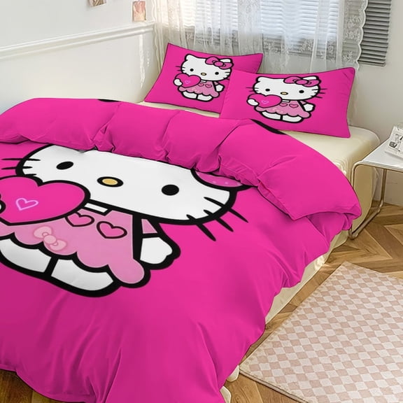 Cartoon Hello Animal Kitty 3-Piece Bed Sheets Warm Kawaii Bedding Set Cute Soft Bedclothes for Boys Girls