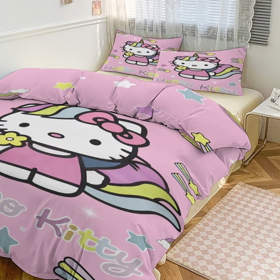 Cartoon Hello Animal Kitty 3-Piece Bed Sheets Warm Kawaii Bedding Set Cute Soft Bedclothes for Boys Girls
