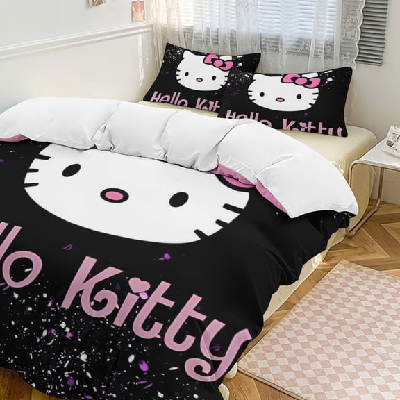Cartoon Hello Kawaii Cat Bedding Set 3 Piece, 1 Printing Duvet Cover And 2 Pillowcase Comforter Sets Super Soft Set 79"x90" Full