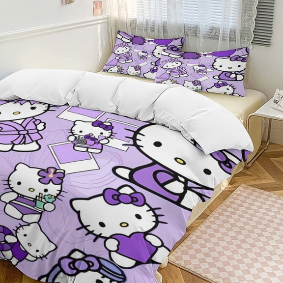 Cartoon Hello Kawaii Cat Bedding Set 3 Piece, 1 Printing Duvet Cover And 2 Pillowcase Comforter Sets Super Soft Set 79"x90" Full