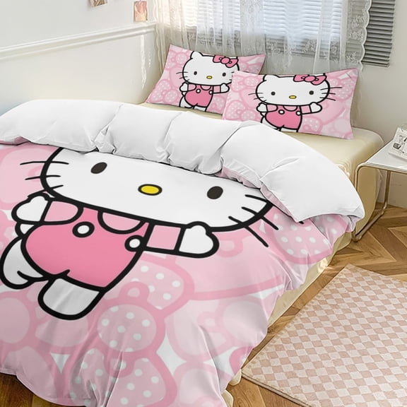Cartoon Hello Kawaii Cat Bedding Set 3 Piece, 1 Printing Duvet Cover And 2 Pillowcase Comforter Sets Super Soft Set 79"x90" Full