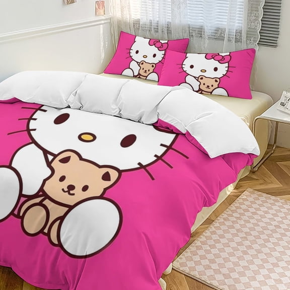 Cartoon Hello Kawaii Cat Bedding Set 3 Piece, 1 Printing Duvet Cover And 2 Pillowcase Comforter Sets Super Soft Set 86"x70" Twin