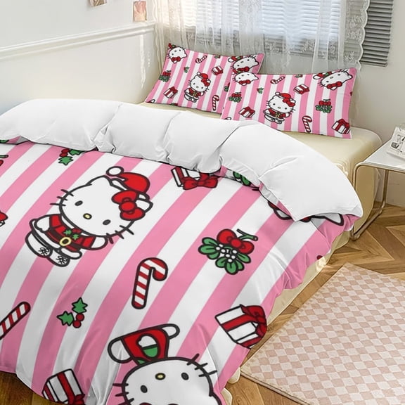Cartoon Hello Kawaii Cat Bedding Set 3 Piece, 1 Printing Duvet Cover And 2 Pillowcase Comforter Sets Super Soft Set 86"x70"