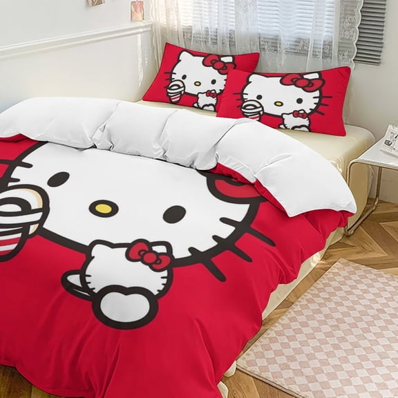 Cartoon Hello Kawaii Cat Bedding Set 3 Piece, 1 Printing Duvet Cover And 2 Pillowcase Comforter Sets Super Soft Set 86"x70"