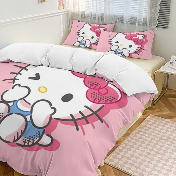 Cartoon Hello Kawaii Cat Bedding Set 3 Piece, 1 Printing Duvet Cover And 2 Pillowcase Comforter Sets Super Soft Set 86"x70"