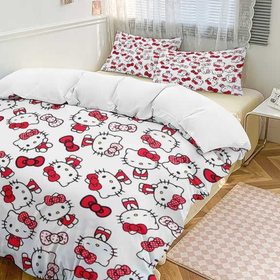 Cartoon Hello Kawaii Cat Bedding Set 3 Piece, 1 Printing Duvet Cover And 2 Pillowcase Comforter Sets Super Soft Set 86"x70"