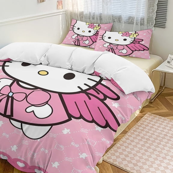Cartoon Hello Kawaii Cat Bedding Set 3 Piece, 1 Printing Duvet Cover And 2 Pillowcase Comforter Sets Super Soft Set 86"x70"