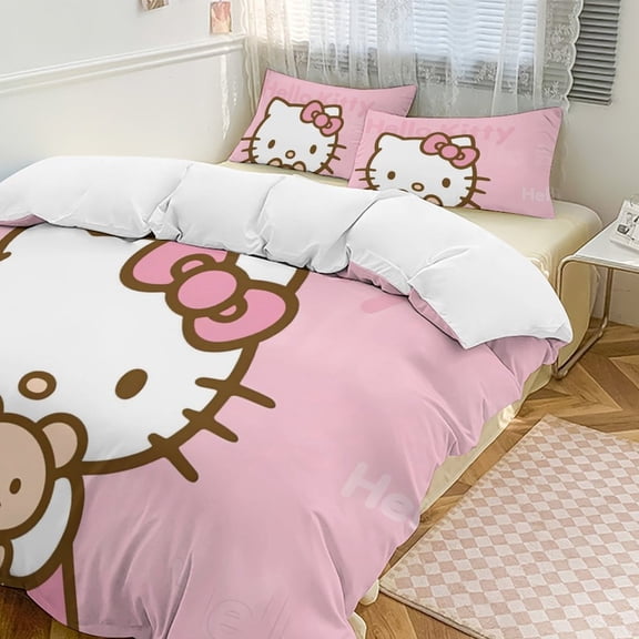 Cartoon Hello Kawaii Cat Bedding Set 3 Piece, 1 Printing Duvet Cover And 2 Pillowcase Comforter Sets Super Soft Set 86"x70"